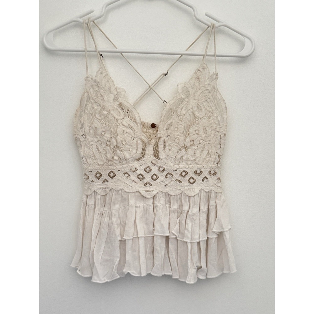 FREE PEOPLE Top Women's M Off-White Adella Cami Lace Ruffed Tank Top Boho Chic